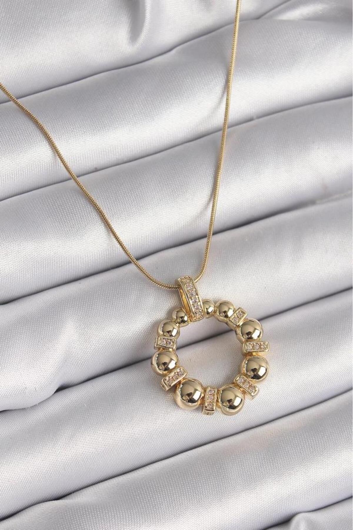 trendy time t & t Zirkon Taşlı Bombeli Halka Model Çelik Altın Sarısı Kadın Kolye