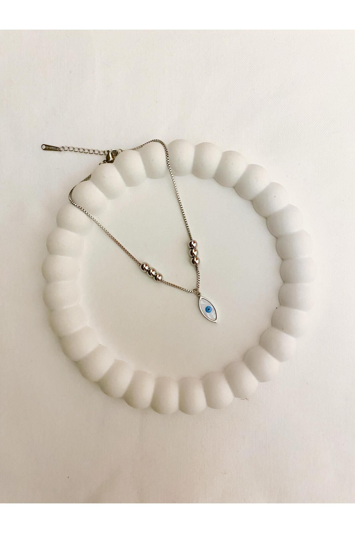 Zeta Collection Perline Blu Yaz Sezonu Gümüş Renkli Nazar Boncuklu Halhal- kararma yapmaz