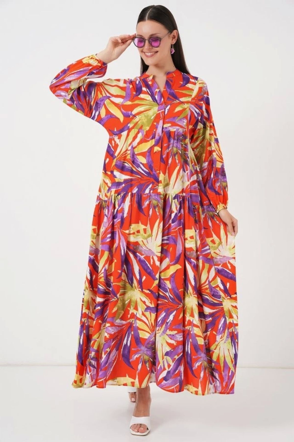 Butik 2423 Otantik Desenli Tesettür Elbise - B.Lila