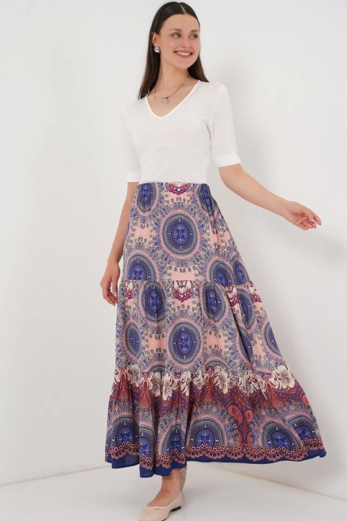 Butik 1898 Desenli Uzun Etek - Saks