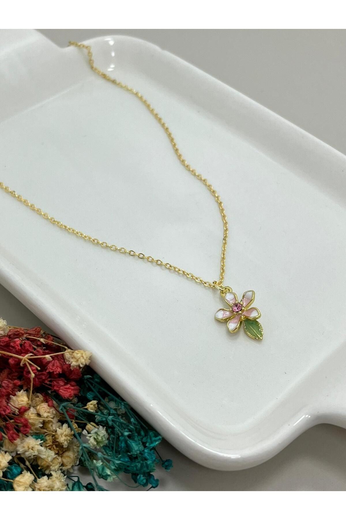 ABLENZED Altın Rengi Pembe Taşlı Çiçek Yaprak Kolye Minimalist Zarif Kadın Kolye