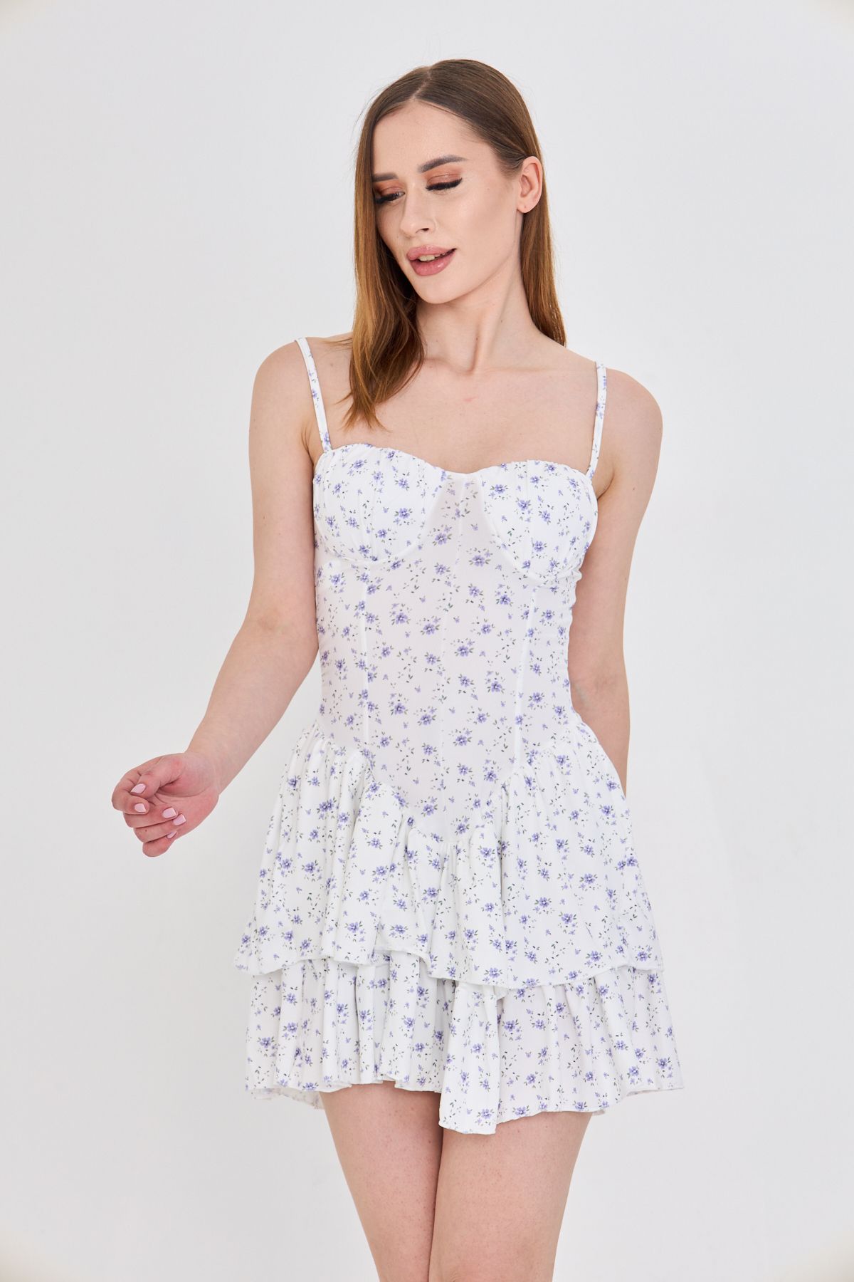 AS Anita Store Askılı Çiçekli Eteği Fırfırlı Astarlı Mini Elbise