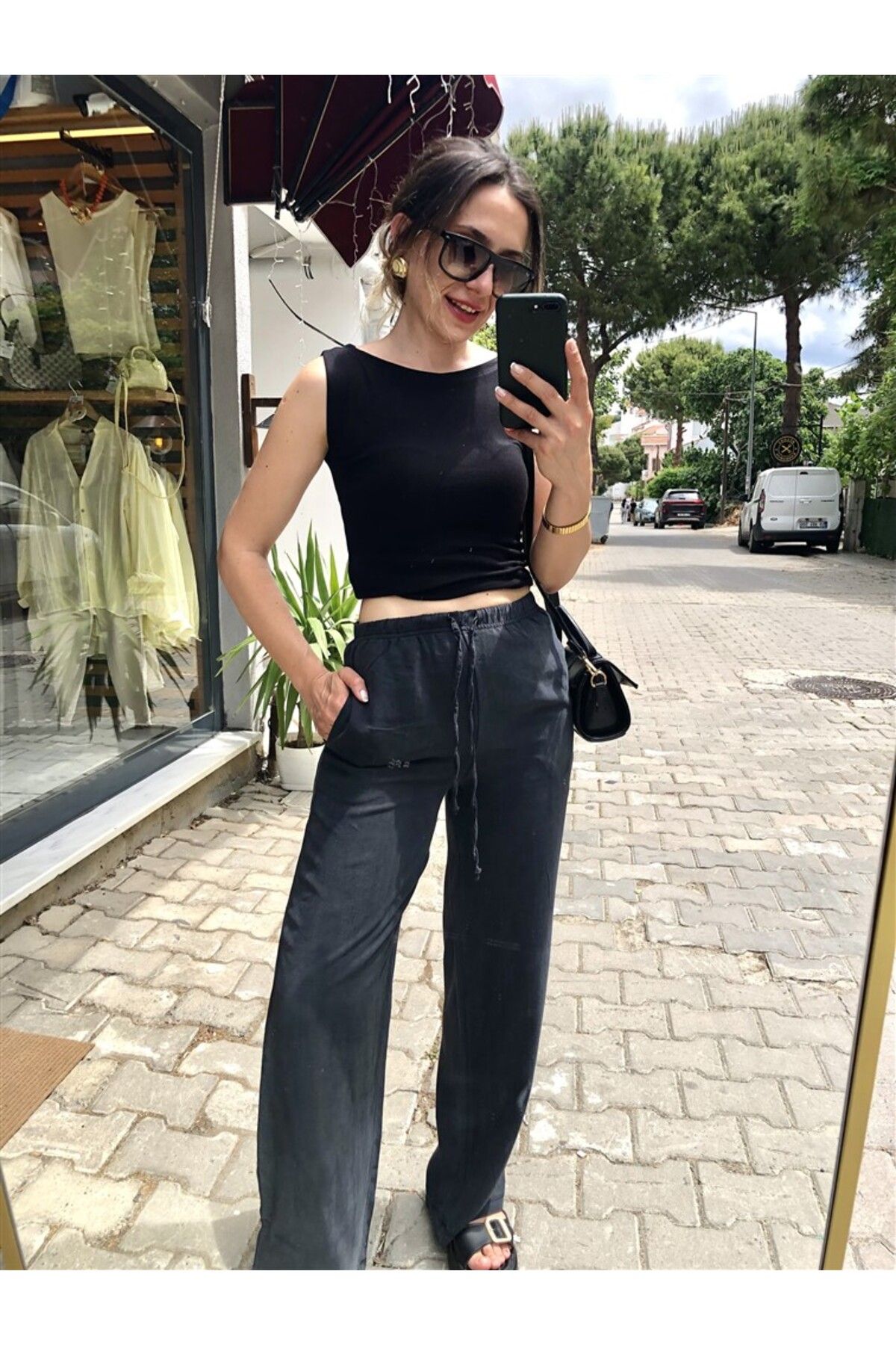 Gözde Tasarım Butik KADIN ANTRASİT RENK BELİ BAĞCIKLI MODAL BOL PAÇA YAZLIK PANTOLON