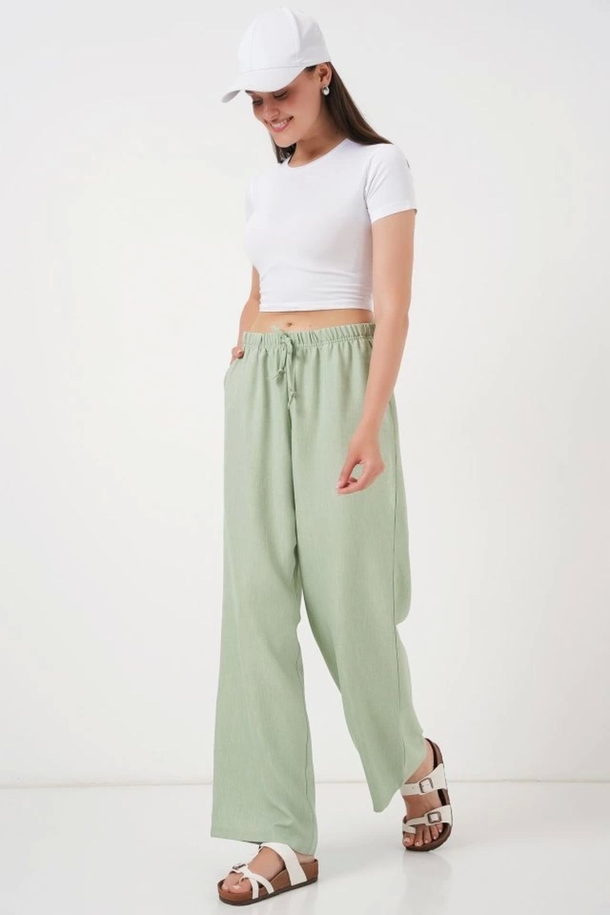 Butik Geniş Paça Keten Pantolon 6735 - E.Yeşil