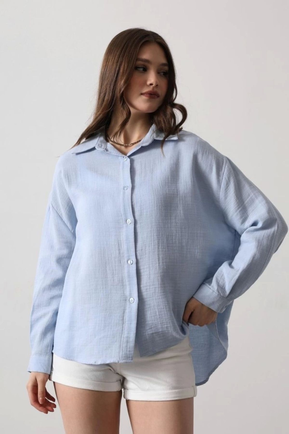 Butik Müslin Uzun Kol Gömlek - Bebe Mavisi