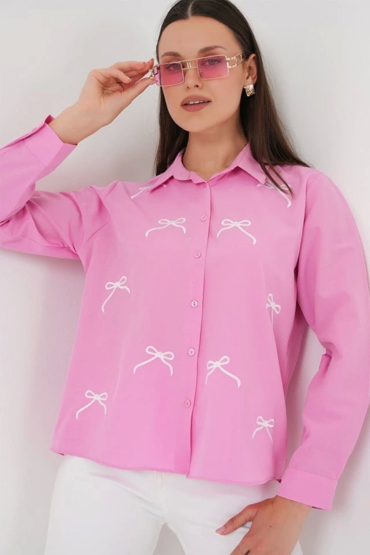 Butik Fiyonk Detay Gömlek 20311 - Pembe