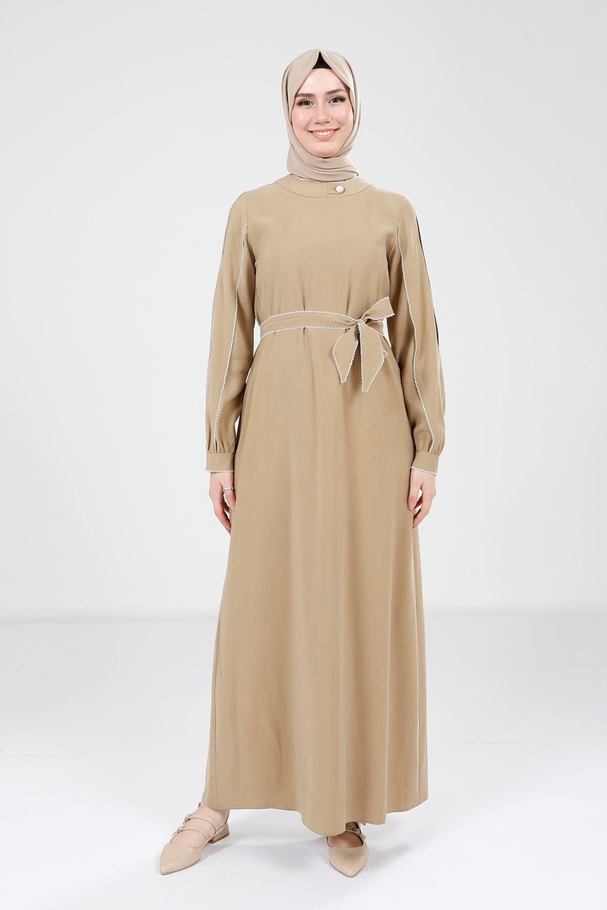 Beyza Biye Detaylı Olive Elbise 9383