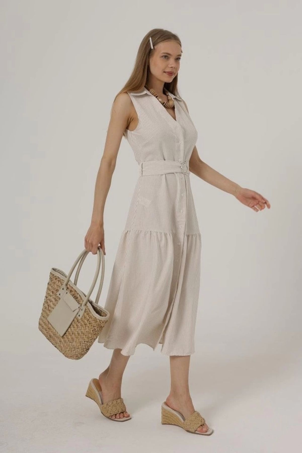 Butik Kemerli Çizgili Elbise - Taş
