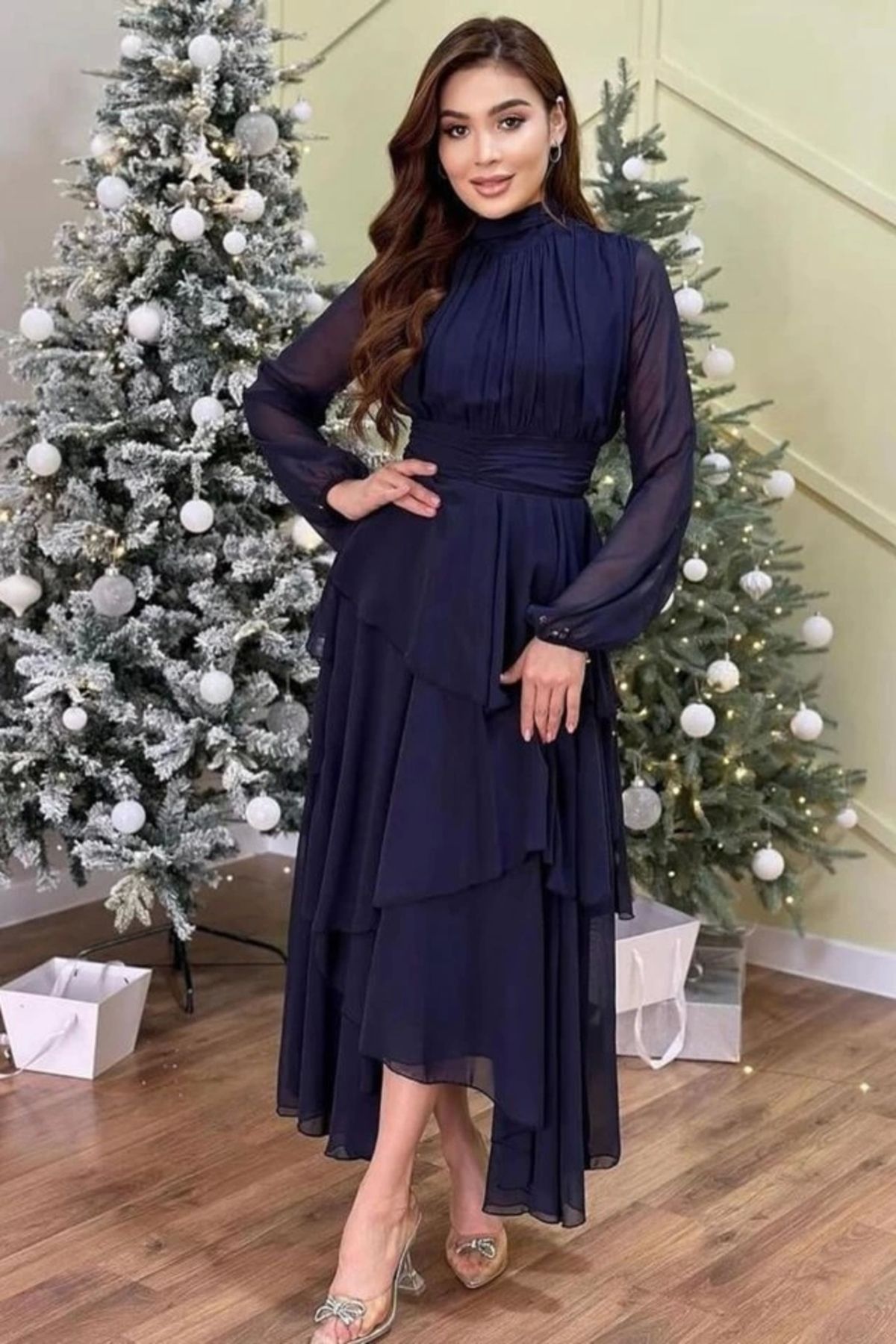Butik Lacivert Bel Detaylı Elbise