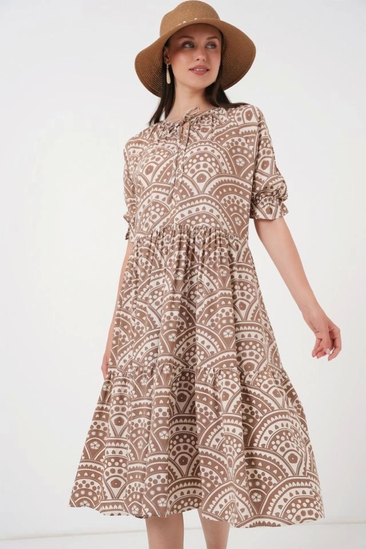 Butik Kısa Kol Desenli Elbise 2553 - Bej