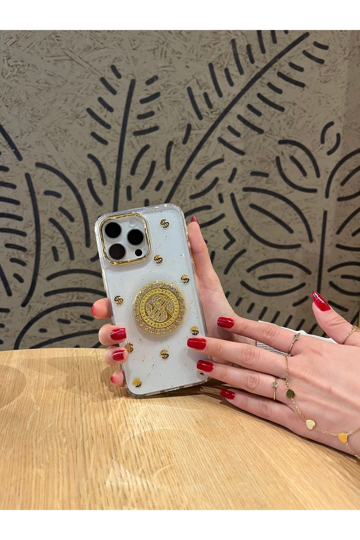 Mois Case İPhone 16 pro uyumlu Dolar figürlü taşlı simli şeffaf kılıf