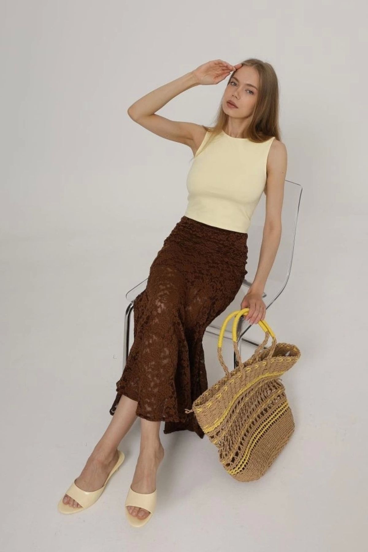 Butik Bel Lastikli Dantel Etek - Kahve