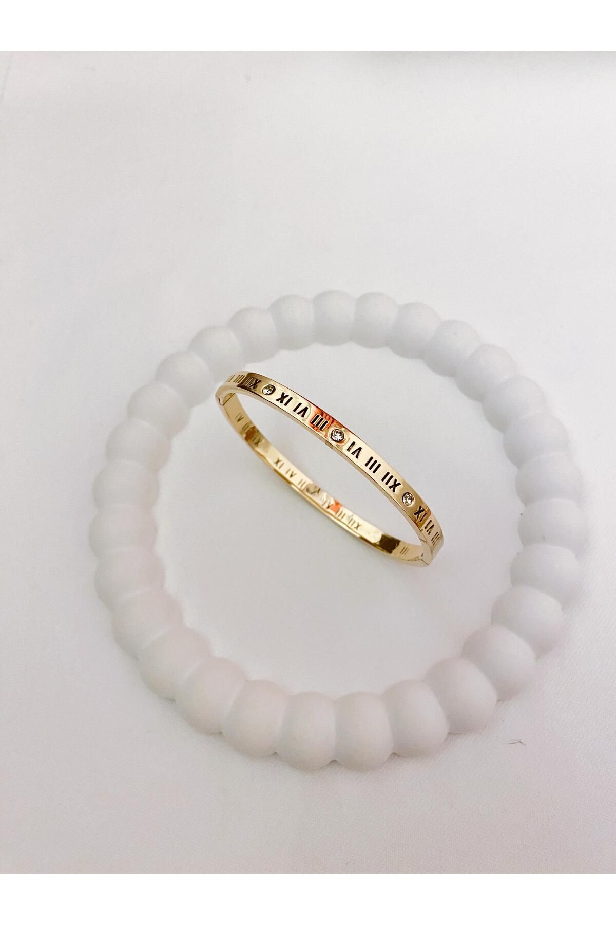 Zeta Collection Perline Blu Çelik Kelepçe Bileklik Bilezik Roma Rakamlı