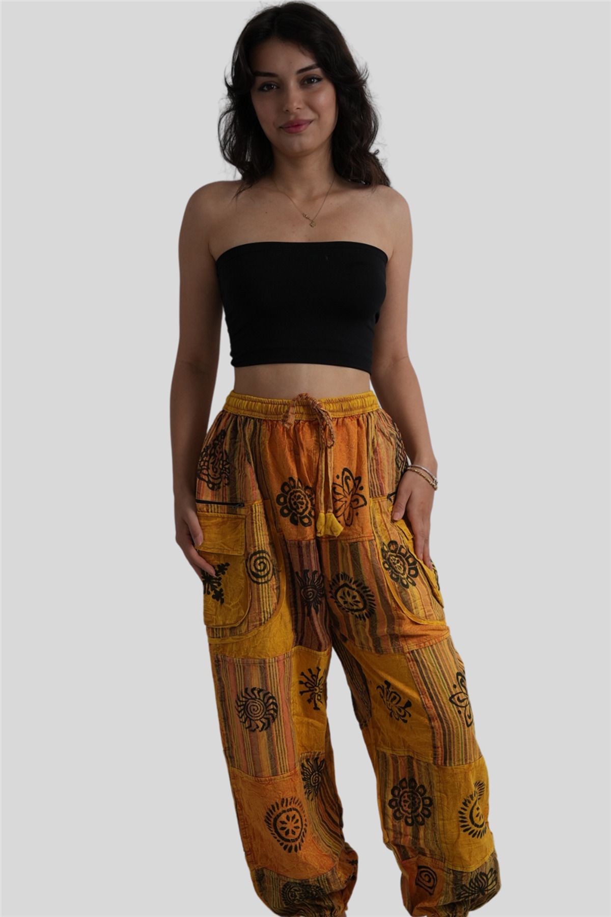 Miss Boheme Sarı Unisex Bohem Nepal Cepli Fermuar Detaylı Pantolon