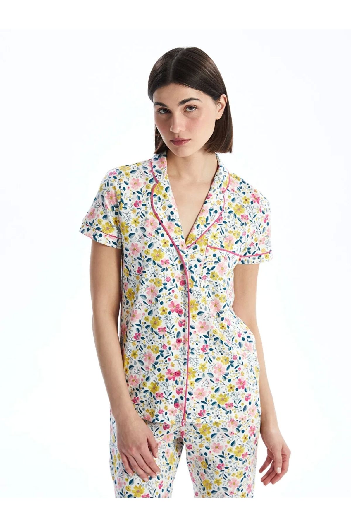 LC Waikiki DREAM Ekru Gömlek Yaka Çiçek Desenli %100 Pamuk Kadın Pijama Takımı