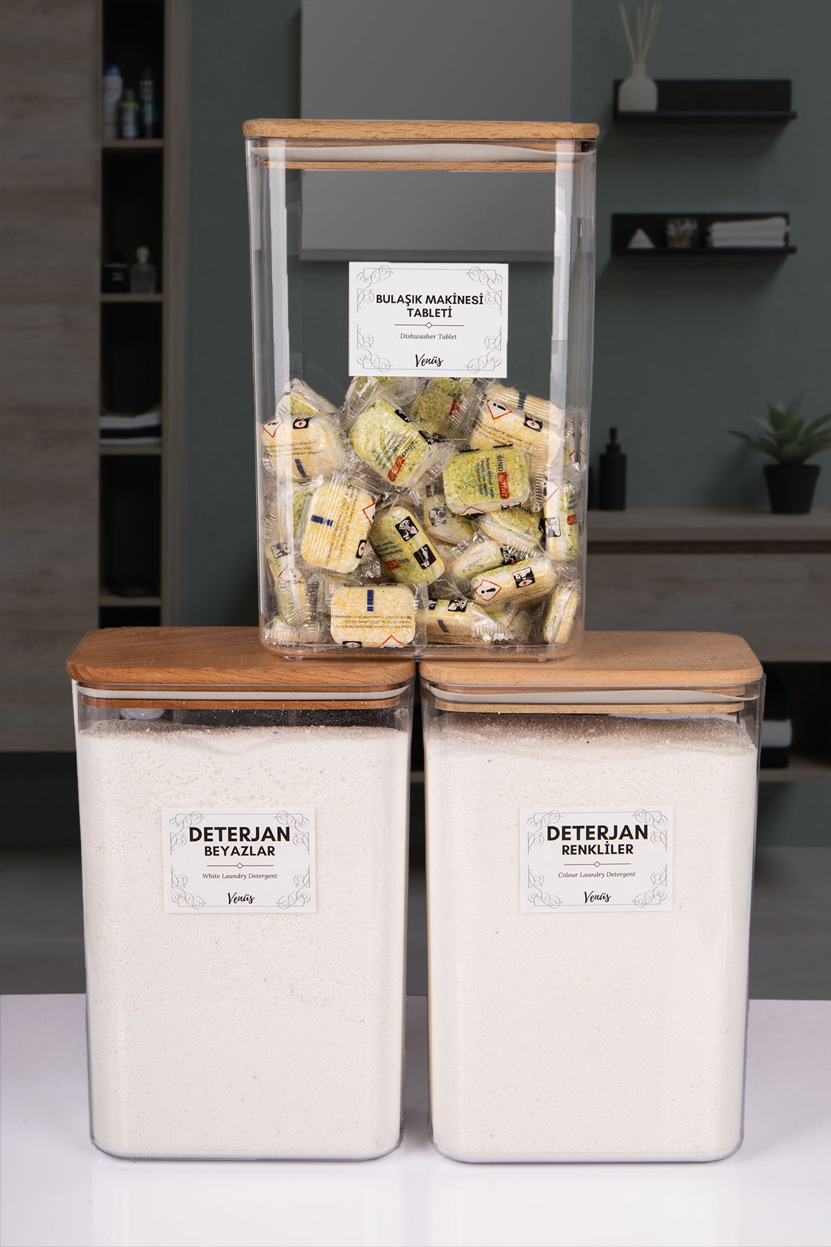 naturelove 3 Adet Ahşap Vakumlu Kapaklı Tablet ve Deterjan Renkliler - Beyazlar Etiketli Kutu Akrilik 3 Litre