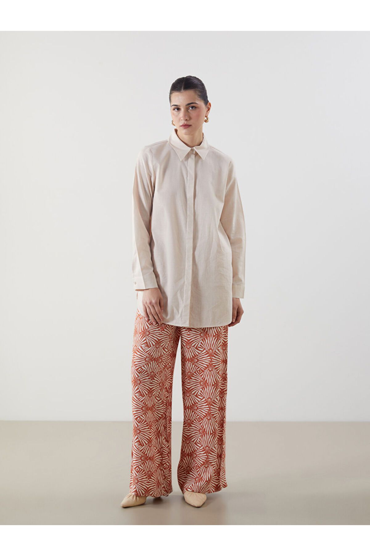 LC Waikiki LCW Modest Kahverengi Beli Lastikli Desenli Kadın Pantolon S5M338Z8NVY25