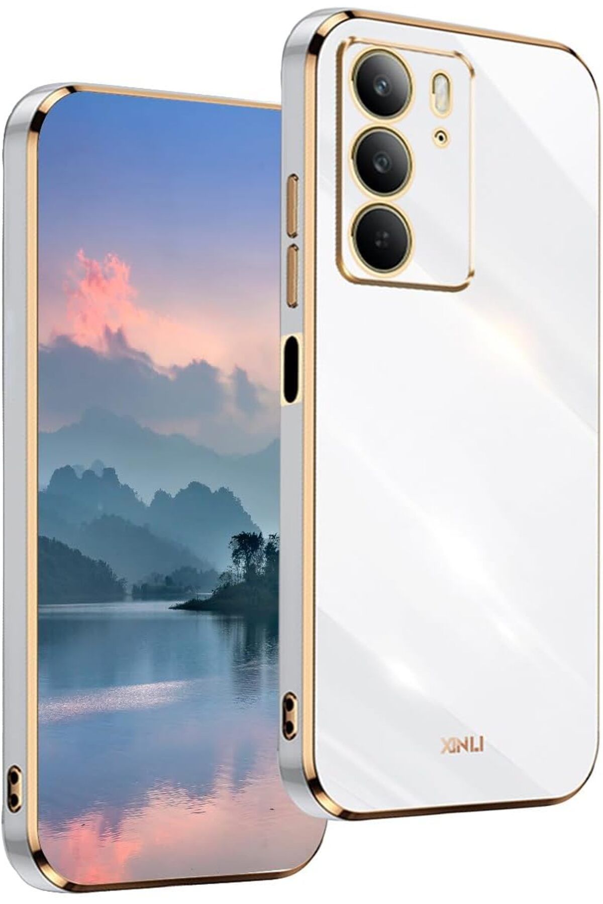 Rivor Realme C75 Uyumlu Kılıf Kamera Korumalı Parlak Kenarlı Altın İşlemeli Silikon Kapak