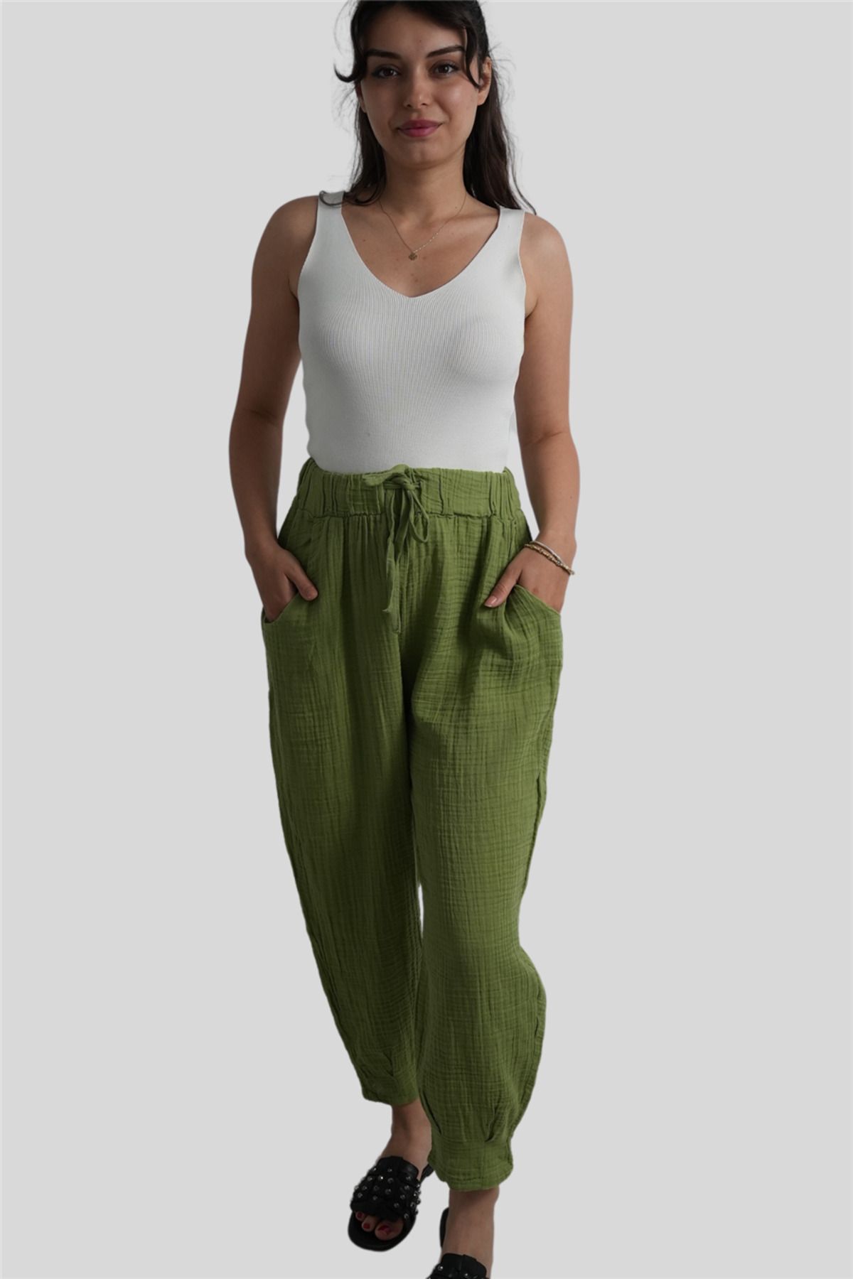 Miss Boheme Yeşil Beli Lastikli Müslin Pantolon