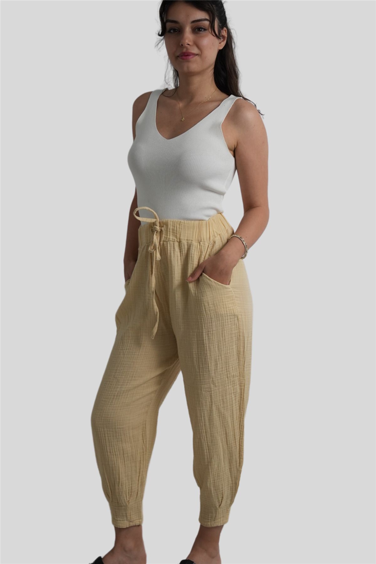 Miss Boheme Sarı Beli Lastikli Müslin Pantolon