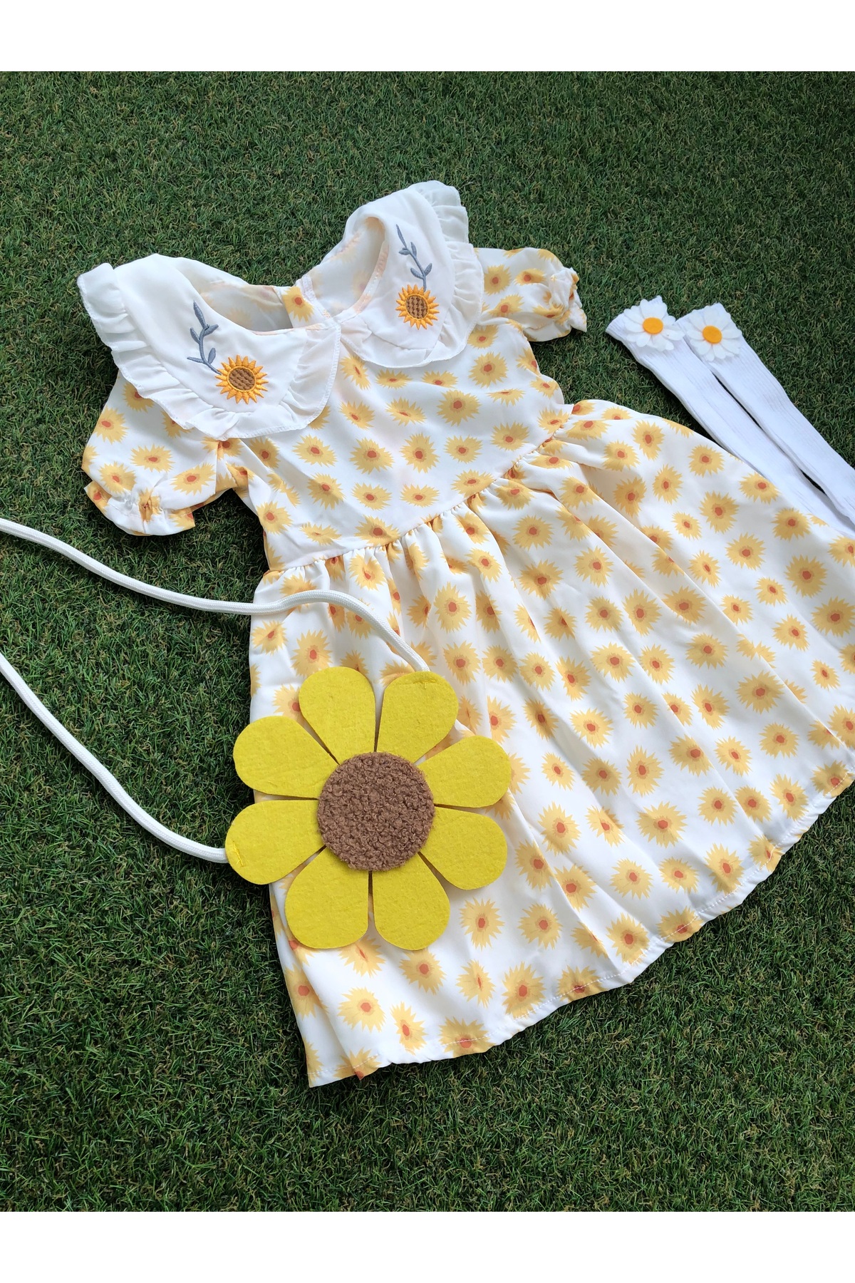 Kokosh kidss Kız çocuk papatyalı elbise çorap ve aksesuar seti fotoğrafı 3 (önizleme)