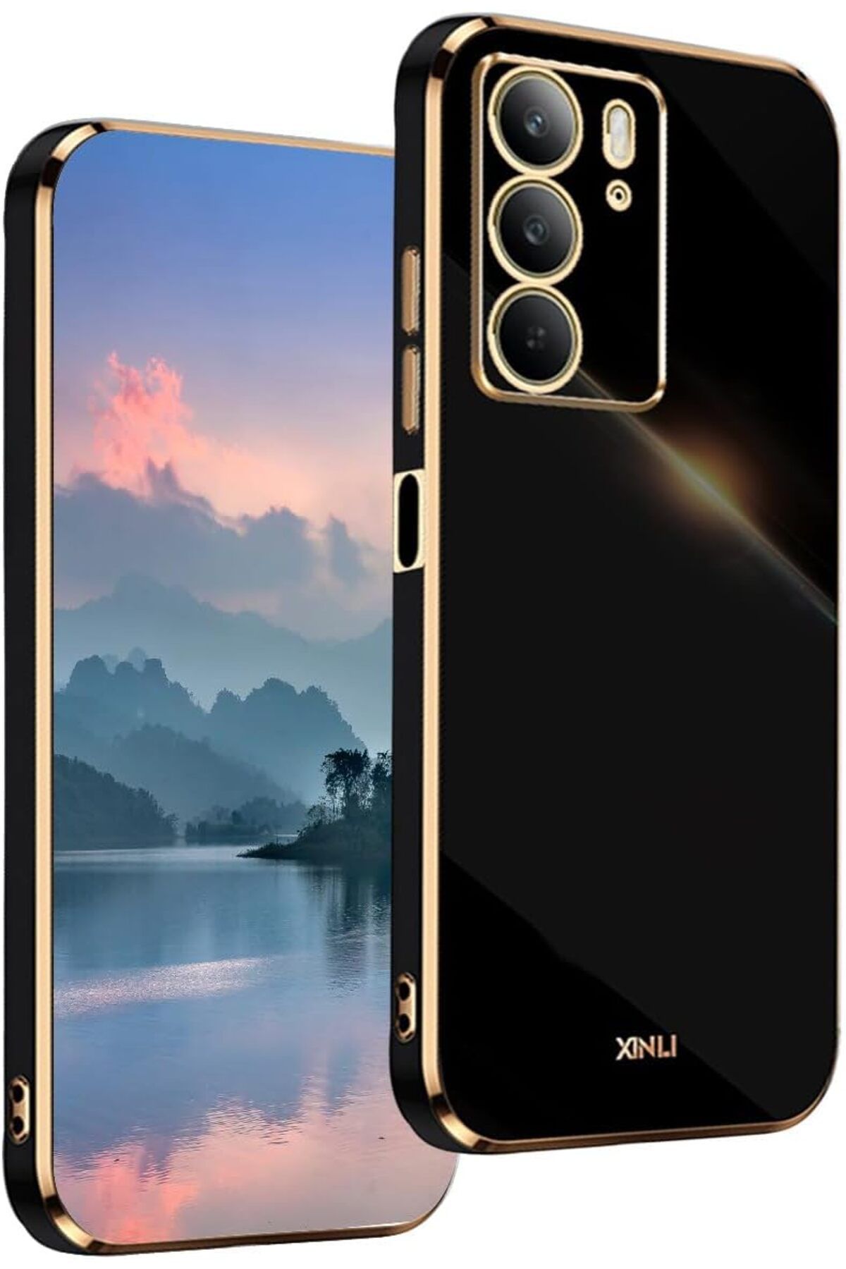Rivor Realme C75 Uyumlu Kılıf Kamera Korumalı Parlak Kenarlı Altın İşlemeli Silikon Kapak