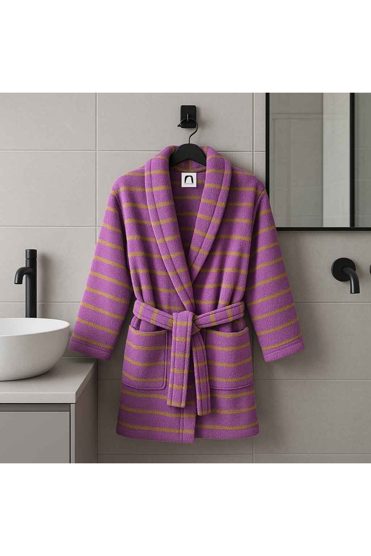Alesta Home Pamuklu Mor Sarı Çizgili Bornoz BRNZ014