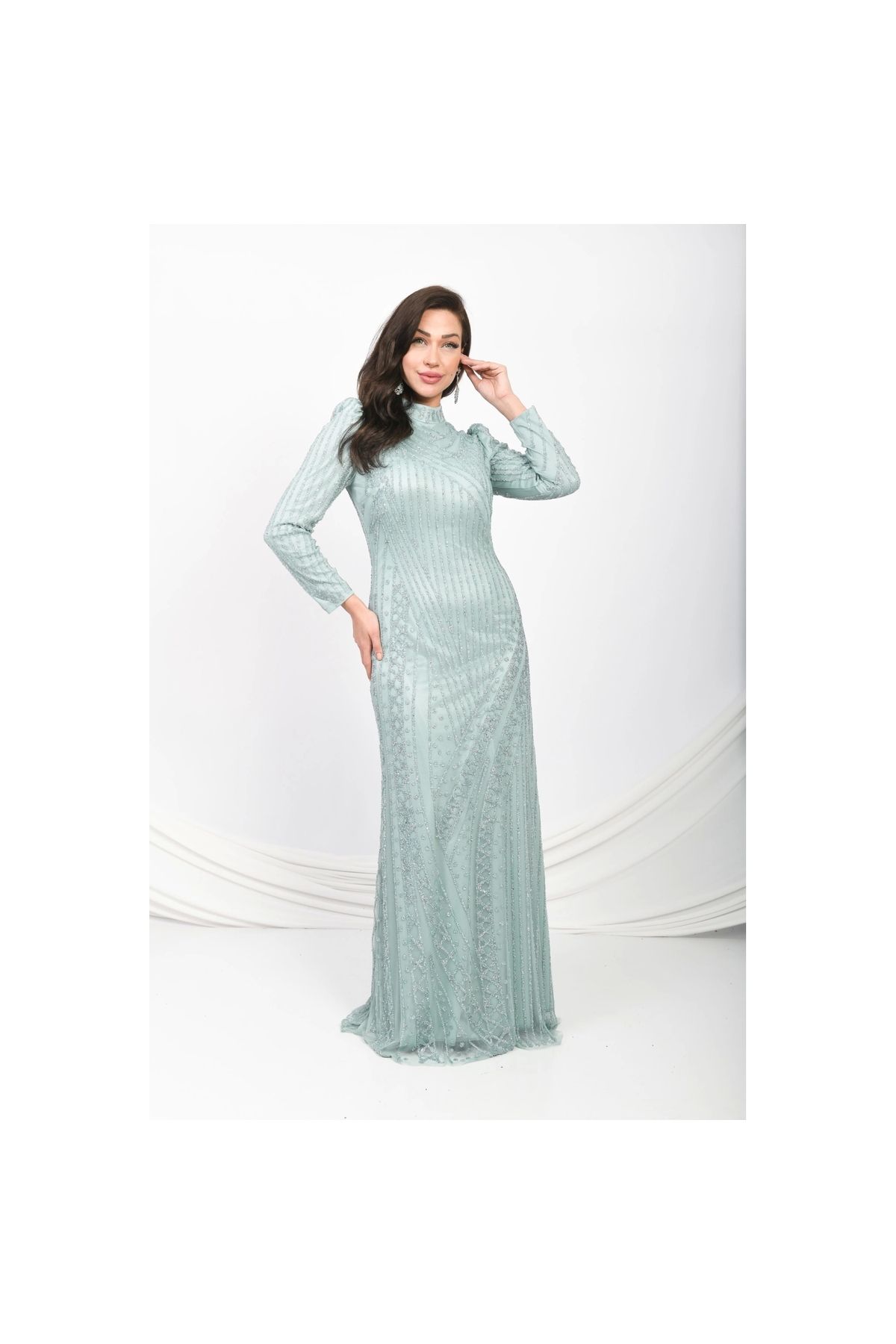 Moda Sezaver Tesetttür Abiye | Büyük Beden Elbise | Göz Alıcı Silüet Abiye - Mint