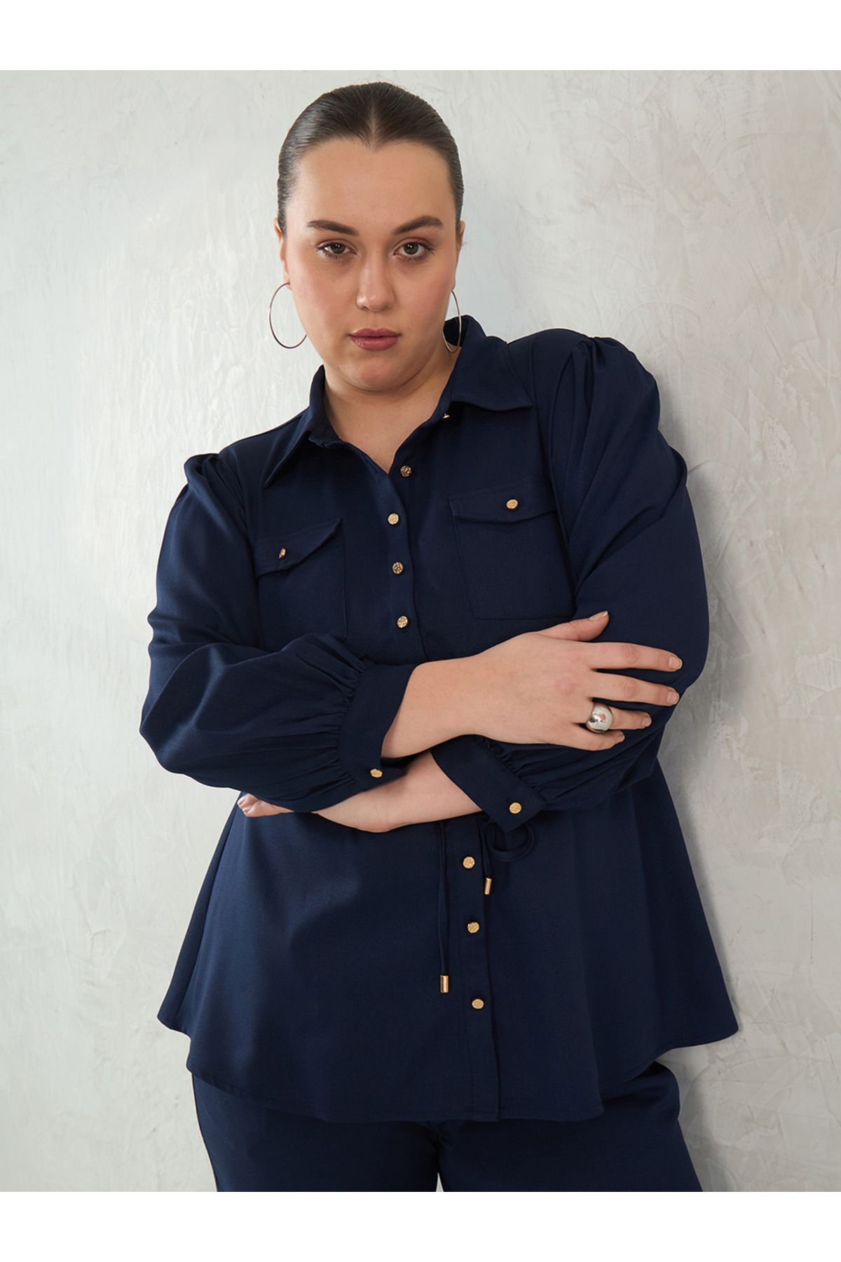 Femmella By Styli-Plus Size Button Down Top and Trousers Set 5