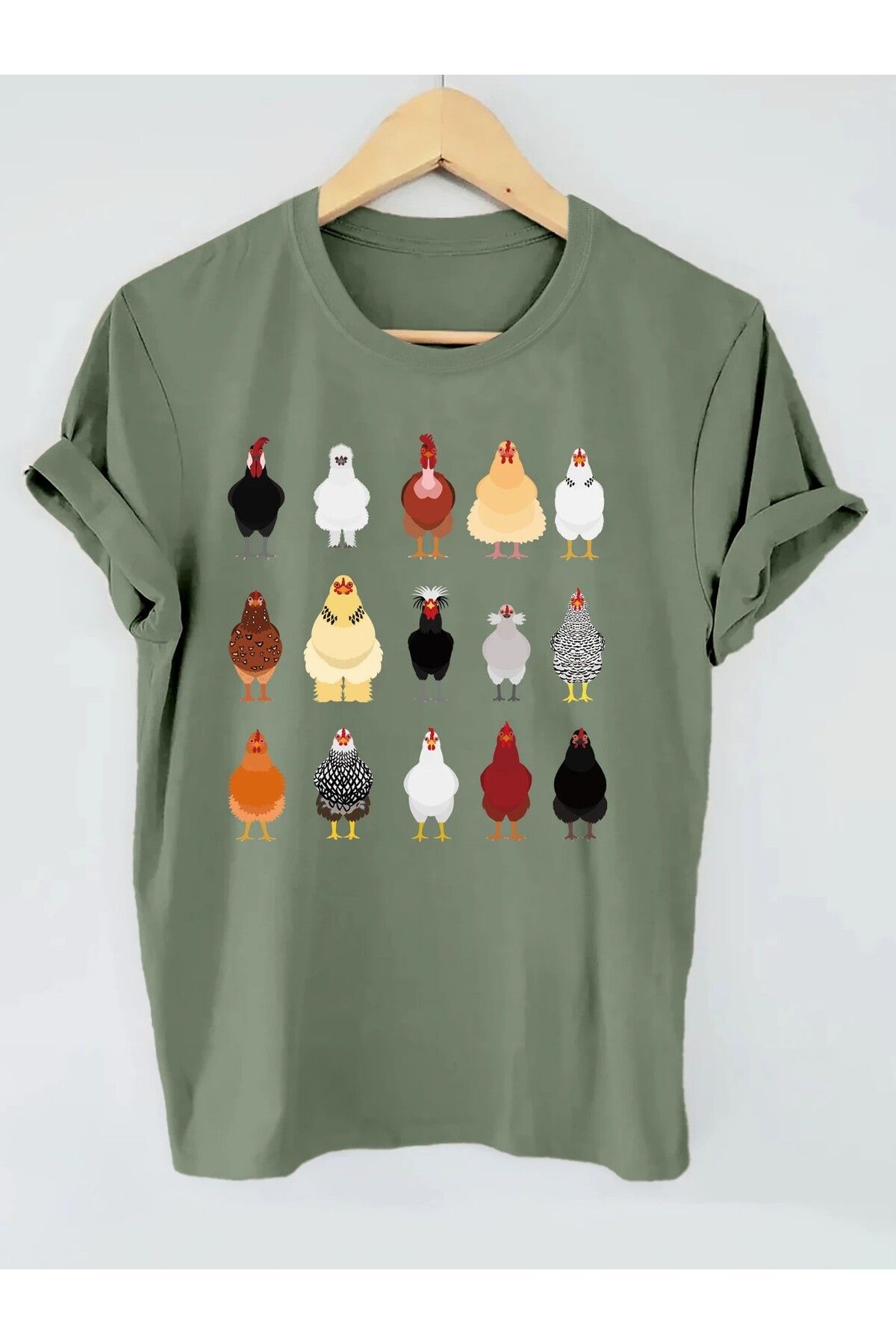 LEIVOR Horoz & Tavuk Baskılı Kadın Haki T-shirt