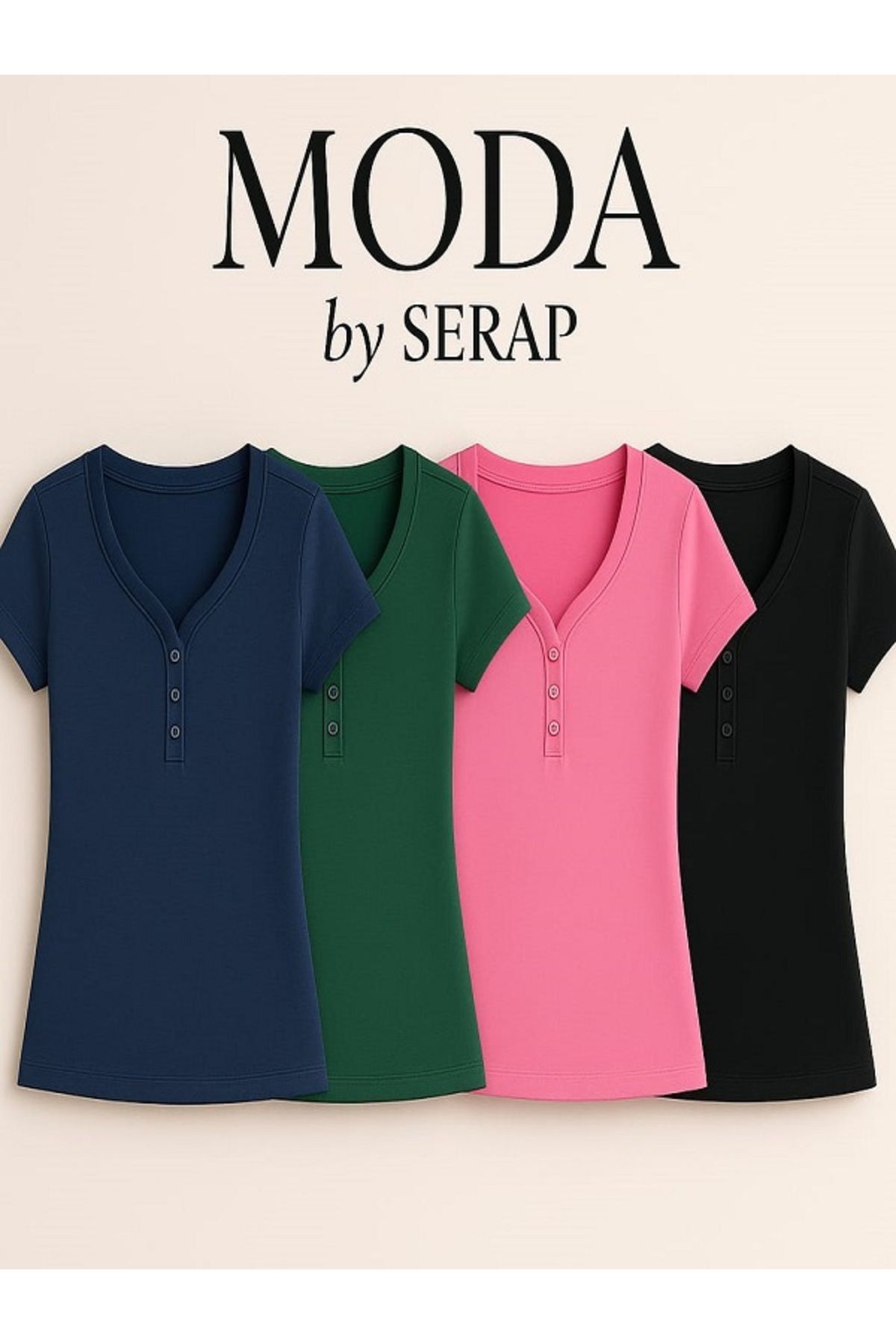 Butik ModabySerap Düğme Detaylı Vücuda Oturan Tişört 4'lü (Siyah,Yeşil,Pembe,Lacivert)