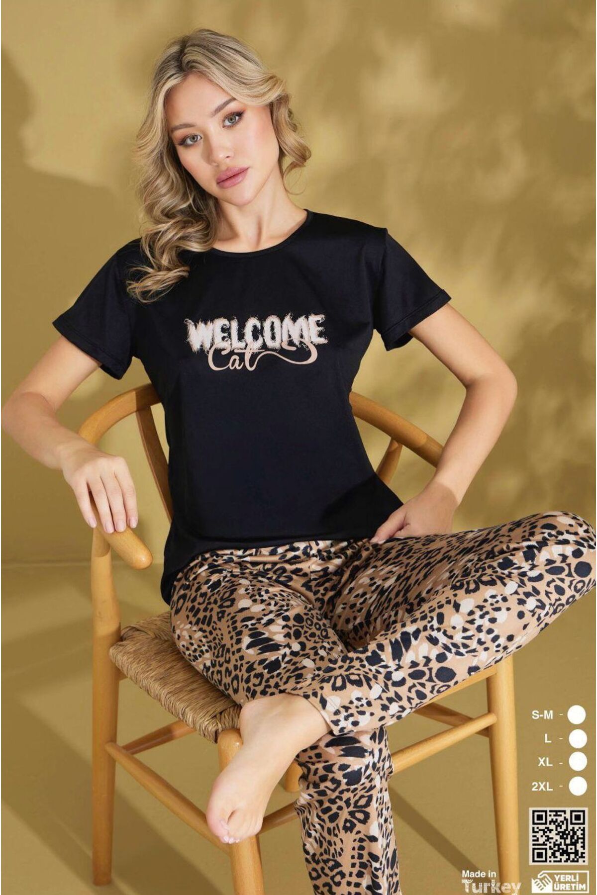 İpek Kadın Kısa Kol Altı Uzun Leopar Desen Pijama Takımı