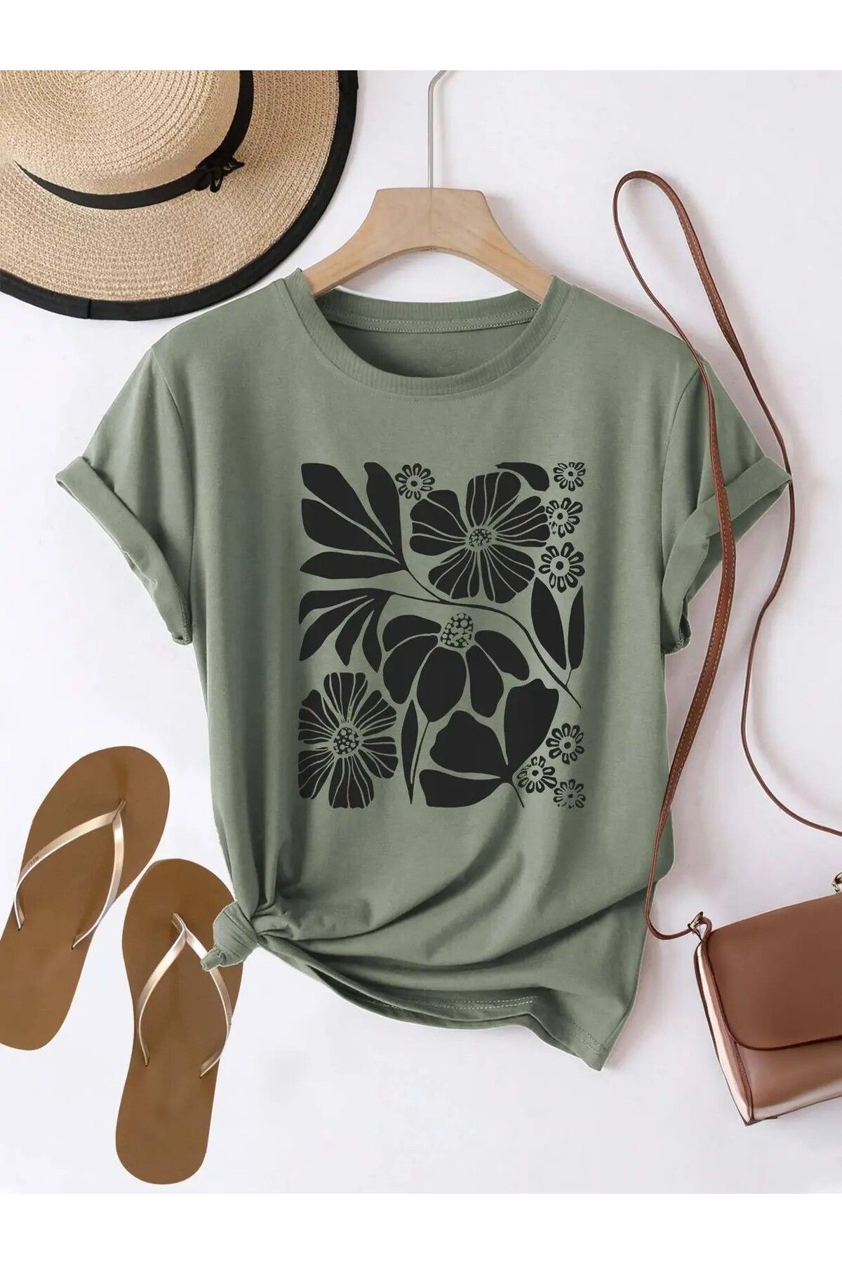 LEIVOR Siyah Çiçek Portre Tasarım Baskılı Kadın Haki T-shirt