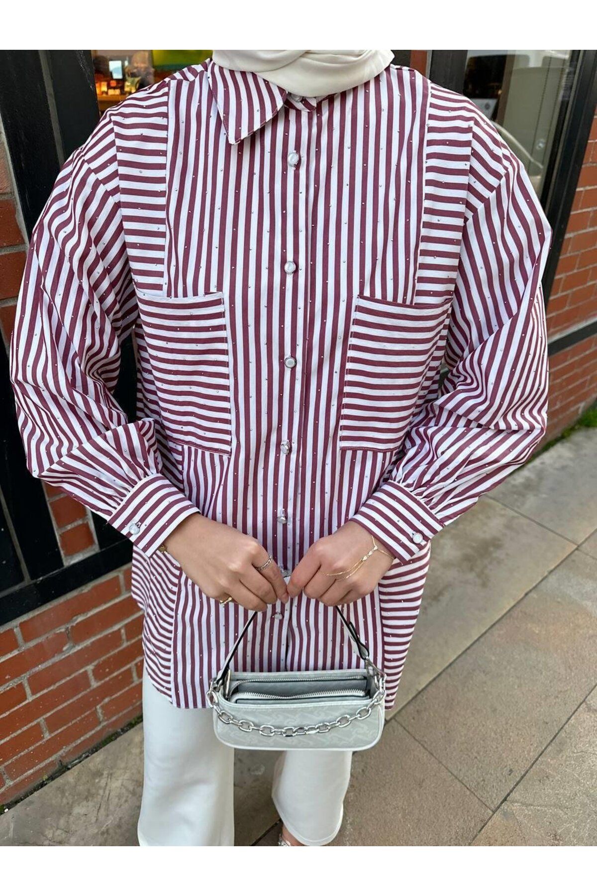 Cardella Kadın Oversize Pırıltılı Taş Detaylı Tunik Gömlek