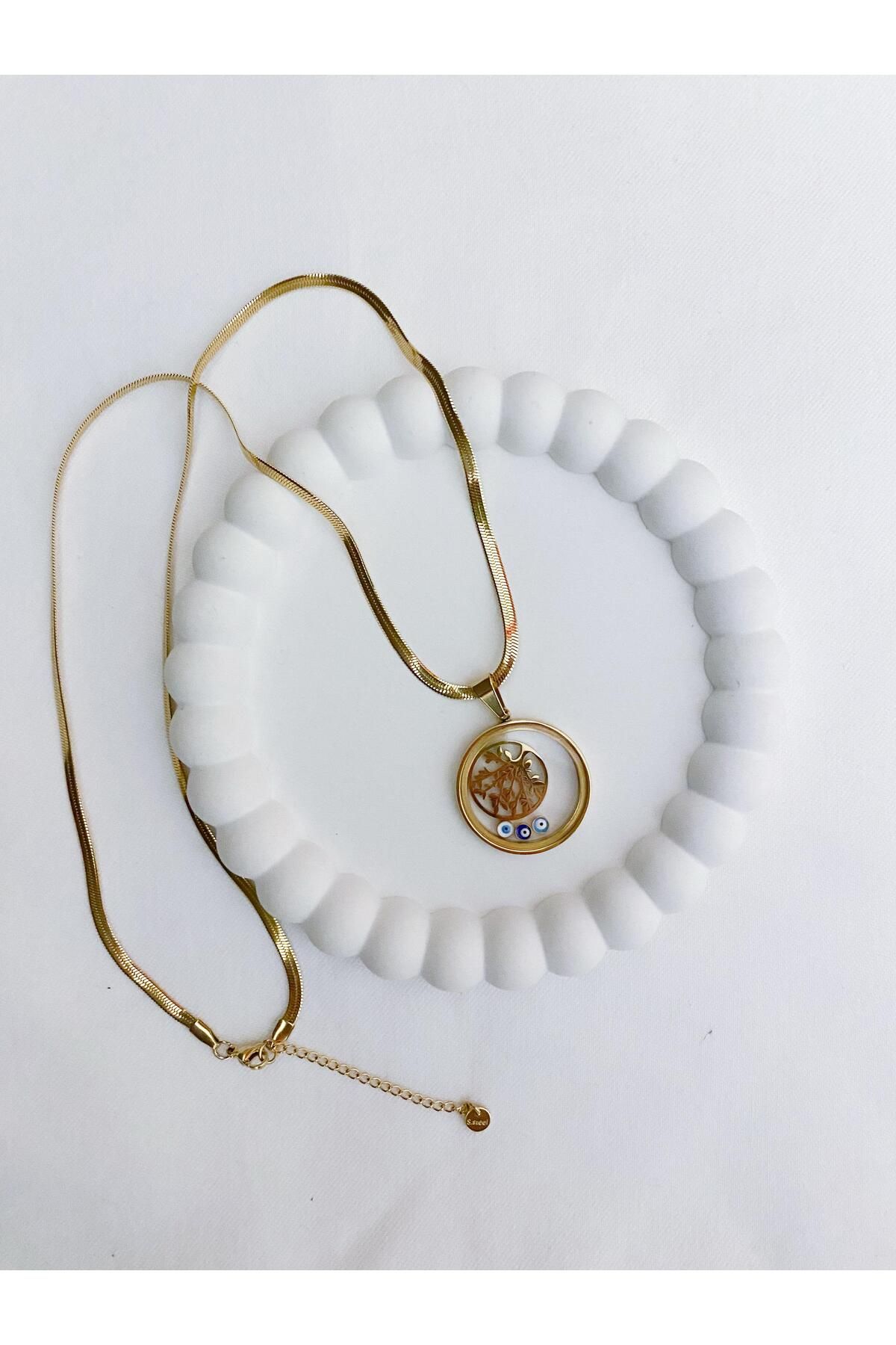 Zeta Collection Perline Blu İtalyan Zincir Fanuslu Yaşam Ağacı Modern kolye- kararma yapmaz