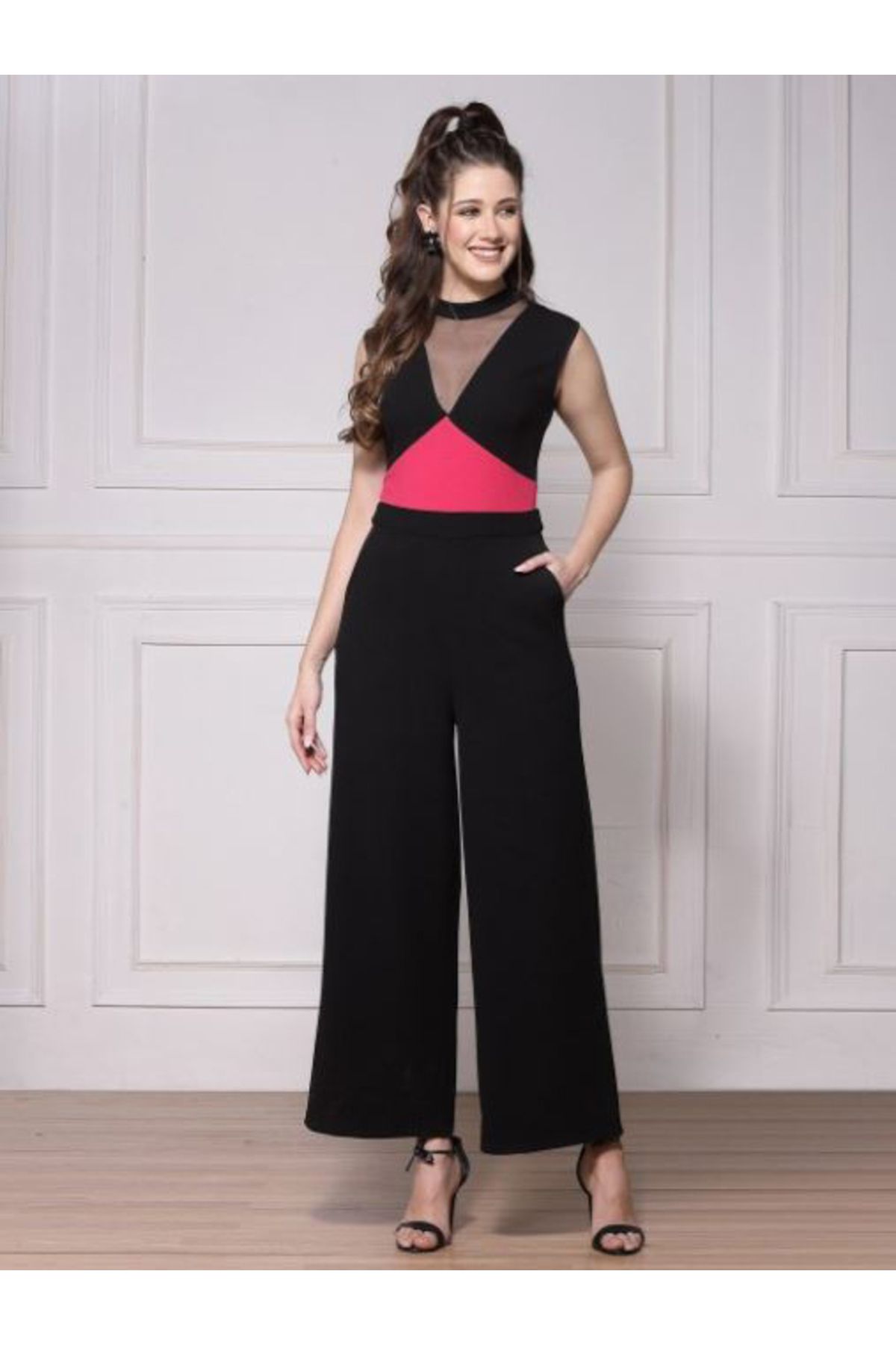 Kassually By Styli-Mesh Insert Contrast Panel Wide Leg Jumpsuit 1