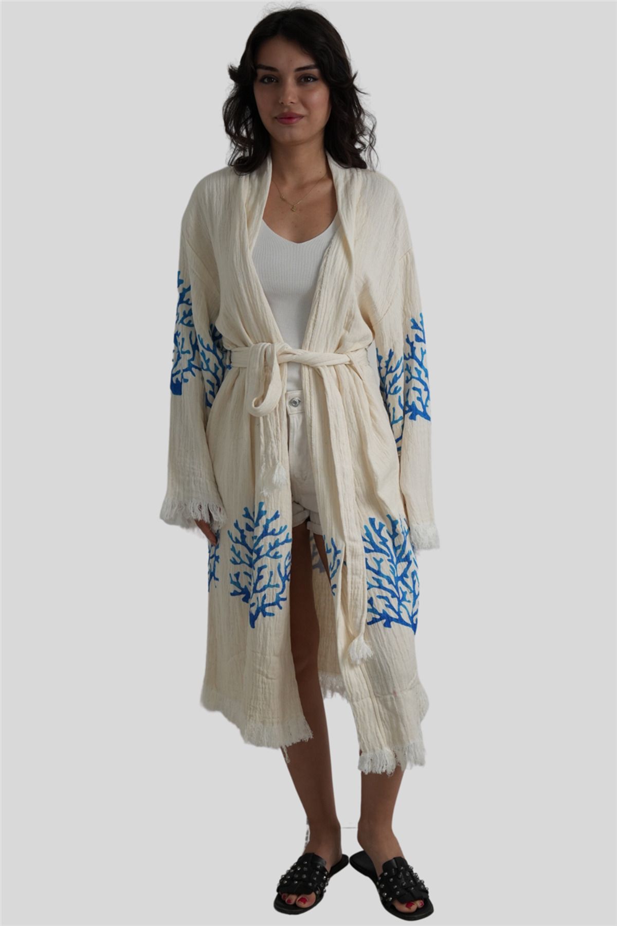 Miss Boheme Müslin Mavi Mercan Desenli Kimono