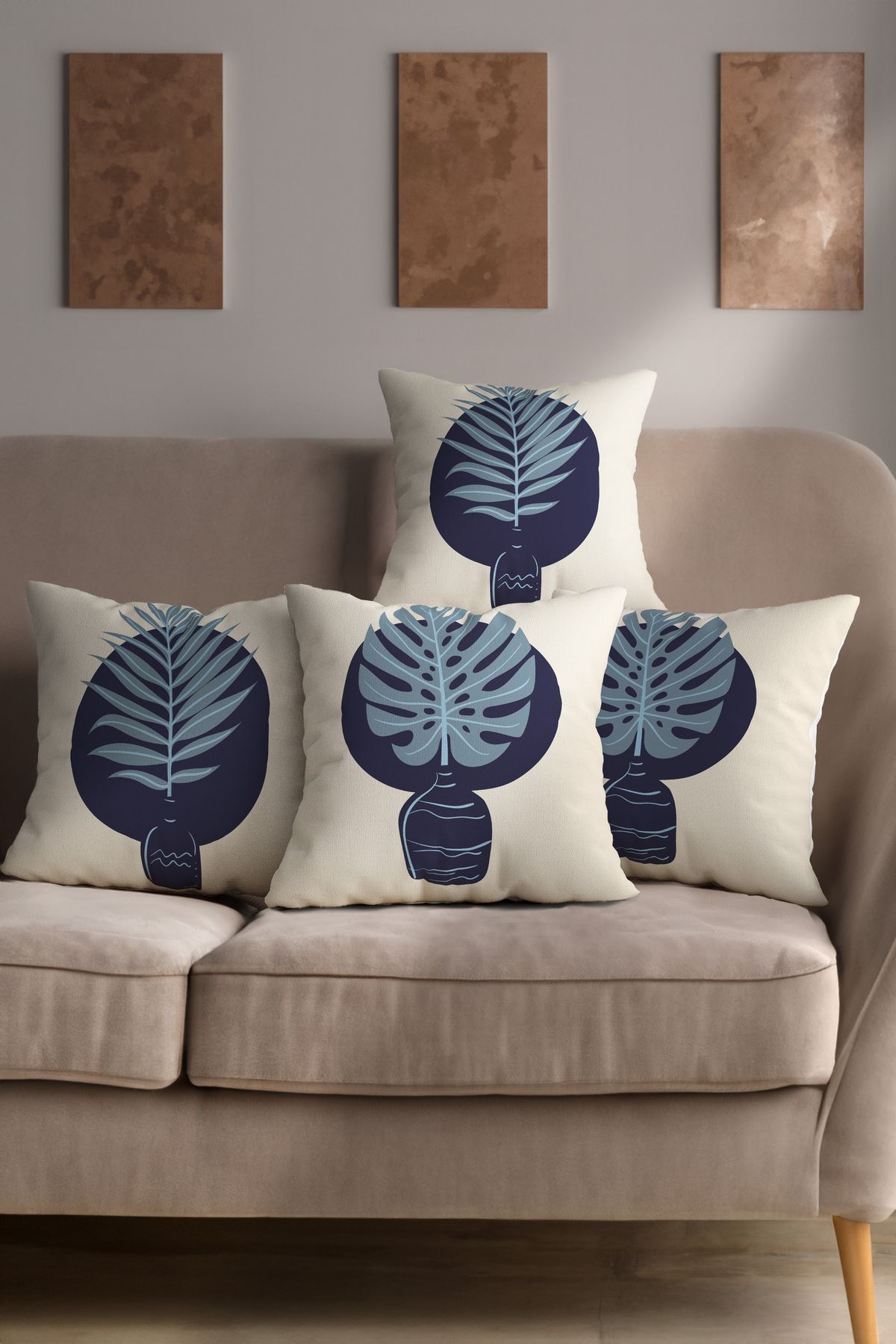 Mumi Dekor Bohem Boho Bohemian Style Dijital Baskılı Mavi Krem Renklerde 4'lü Koltuk Yastık Kırlent Kılıfı Seti