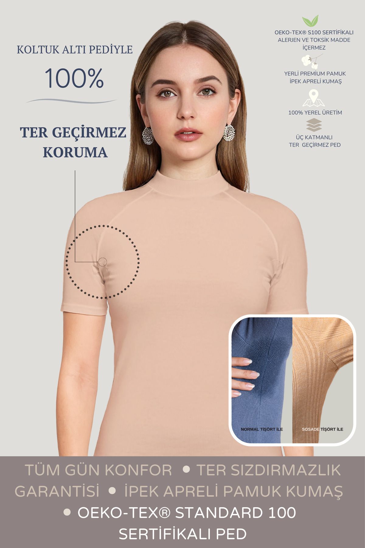 sosade Dar Kesim Yarım Balıkçı Yaka ·100% Ter Tutucu Koltukaltı Pedli · Ter Emici,leke Engelleyici Ter Pedi