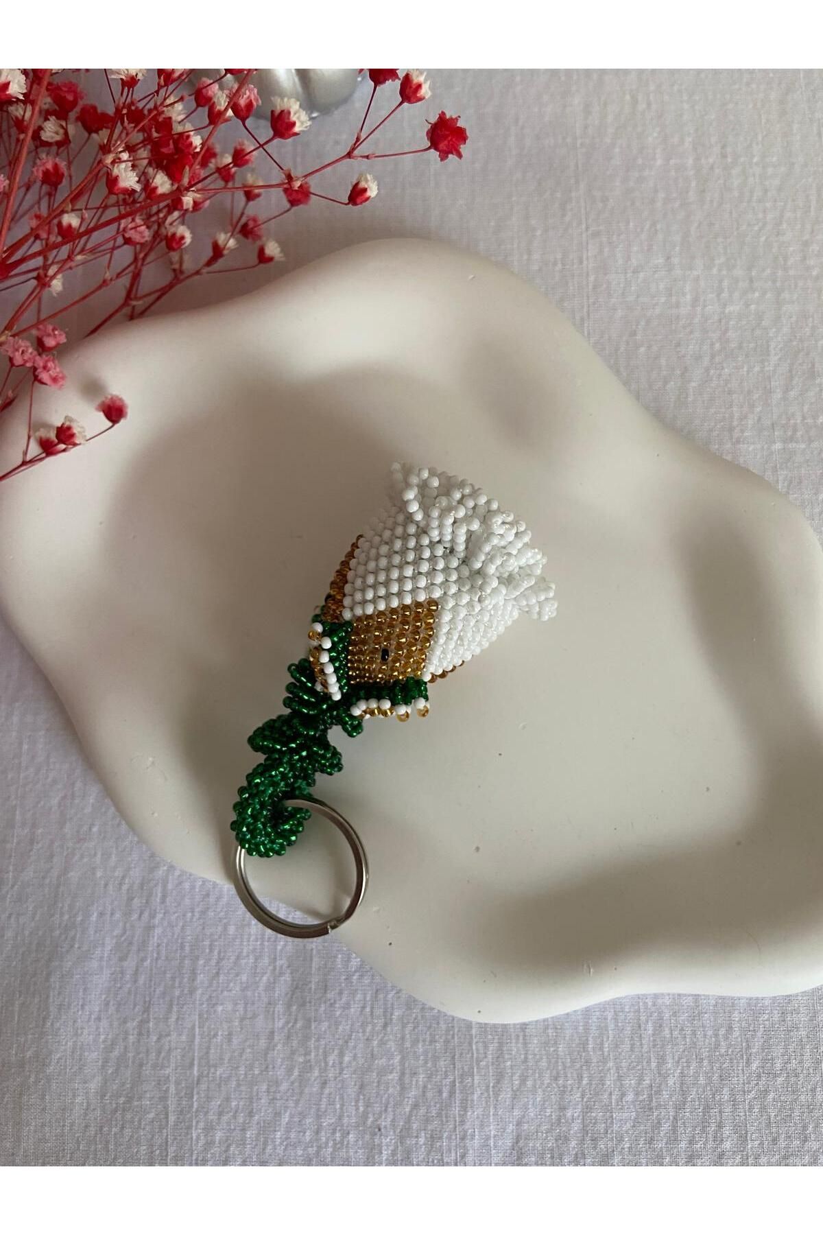 Handmade KUM BONCUK EL İŞİ ORTA BOY MAT BEYAZ GÜL ANAHTARLIK VE AKSESUAR