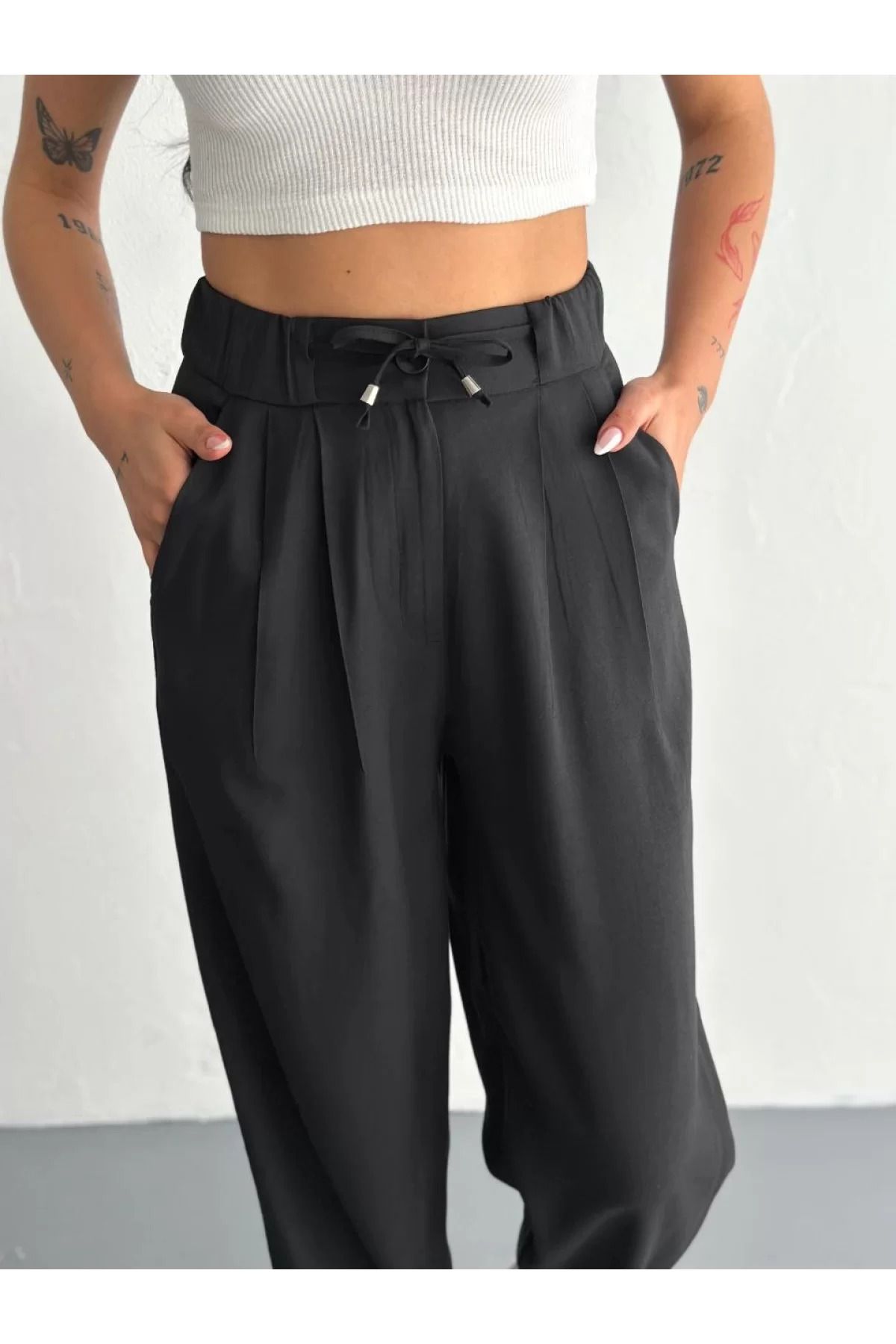 BBbutik Kadın Yüksel Bel Beli Bağcıklı Rahat Pantolon