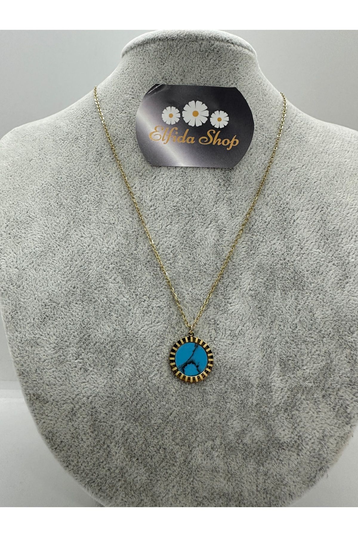 Elfida Shop STAİNLESS STEEL FİRUZE TAŞLI ÇELİK KOLYE