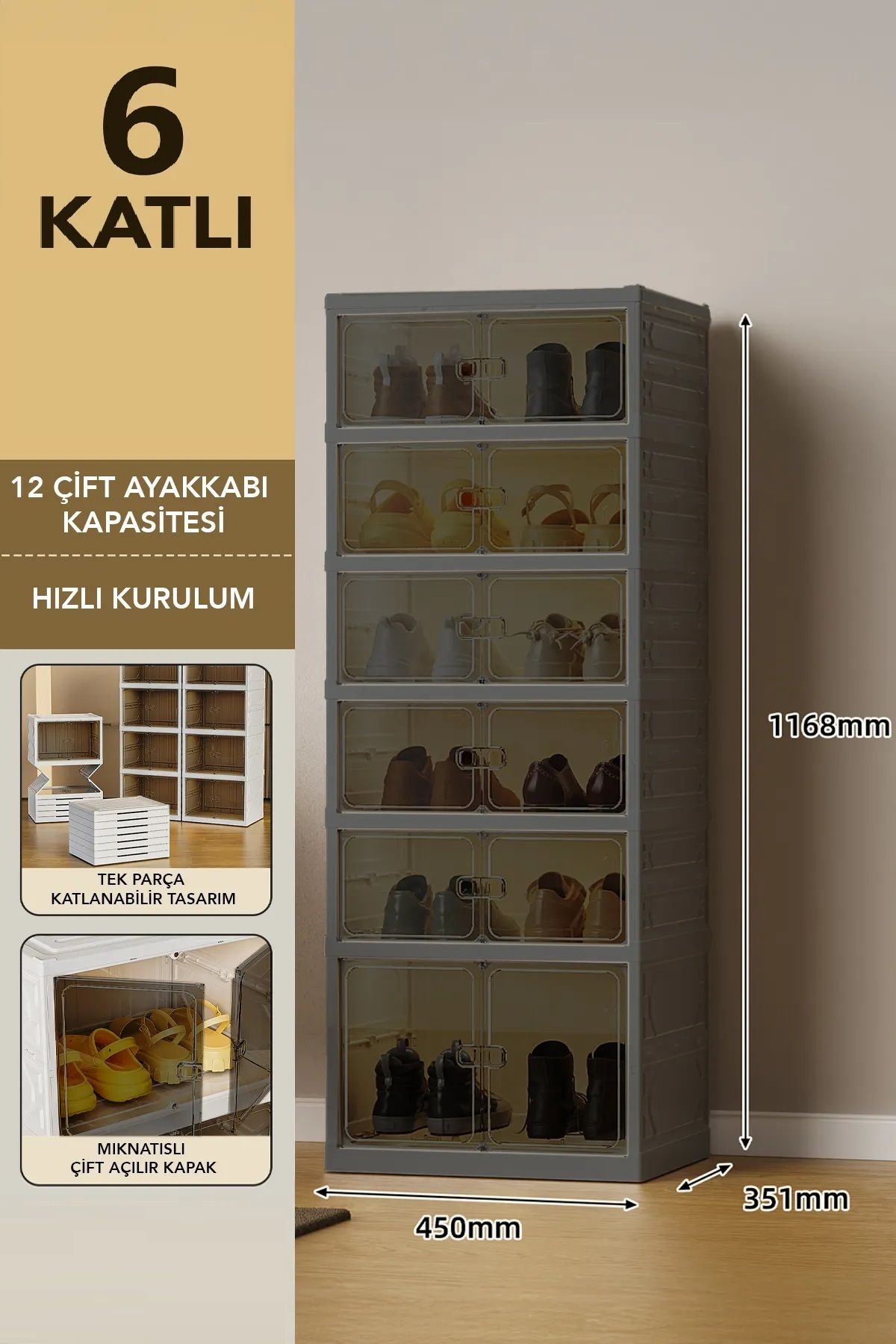 Sabelli 6 Katlı 12 Ayakkabı Kapasiteli Katlanabilir Portatif Ayakkabılık - Ayakkabı Düzenleyici Raf Dolap