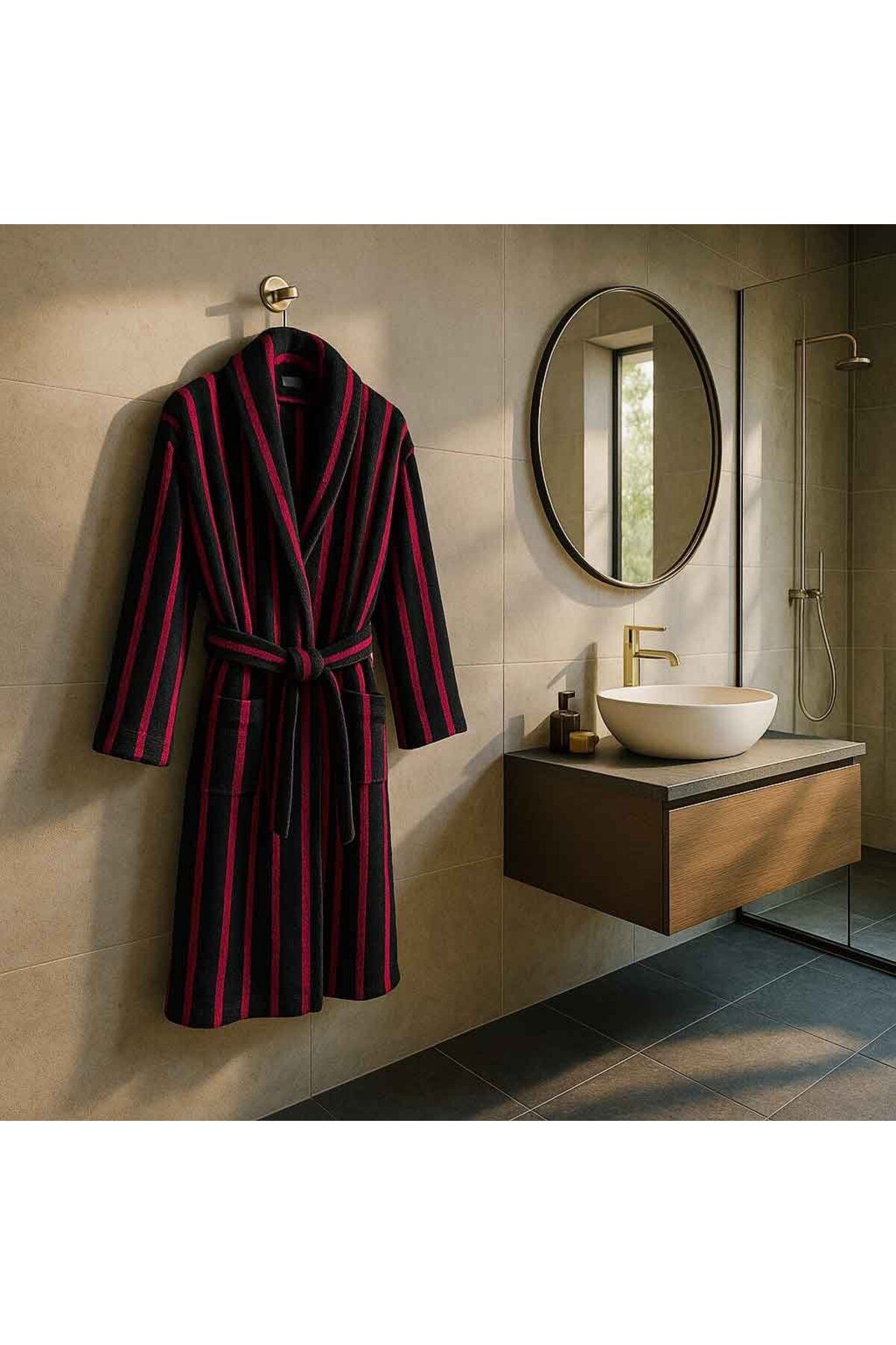Alesta Home Pamuklu Siyah Fuşya Çizgili Bornoz BRNZ035