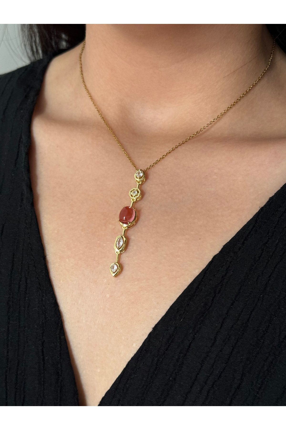 MODA Çelik Gold Pembe Taşlı Y Kolye
