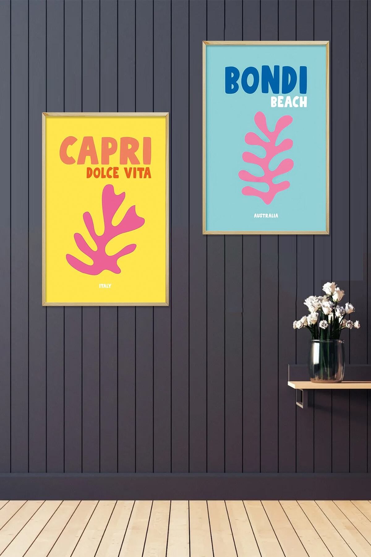Pi Dekorasyon doğal ahşap çerceveli 2'li tablo seti