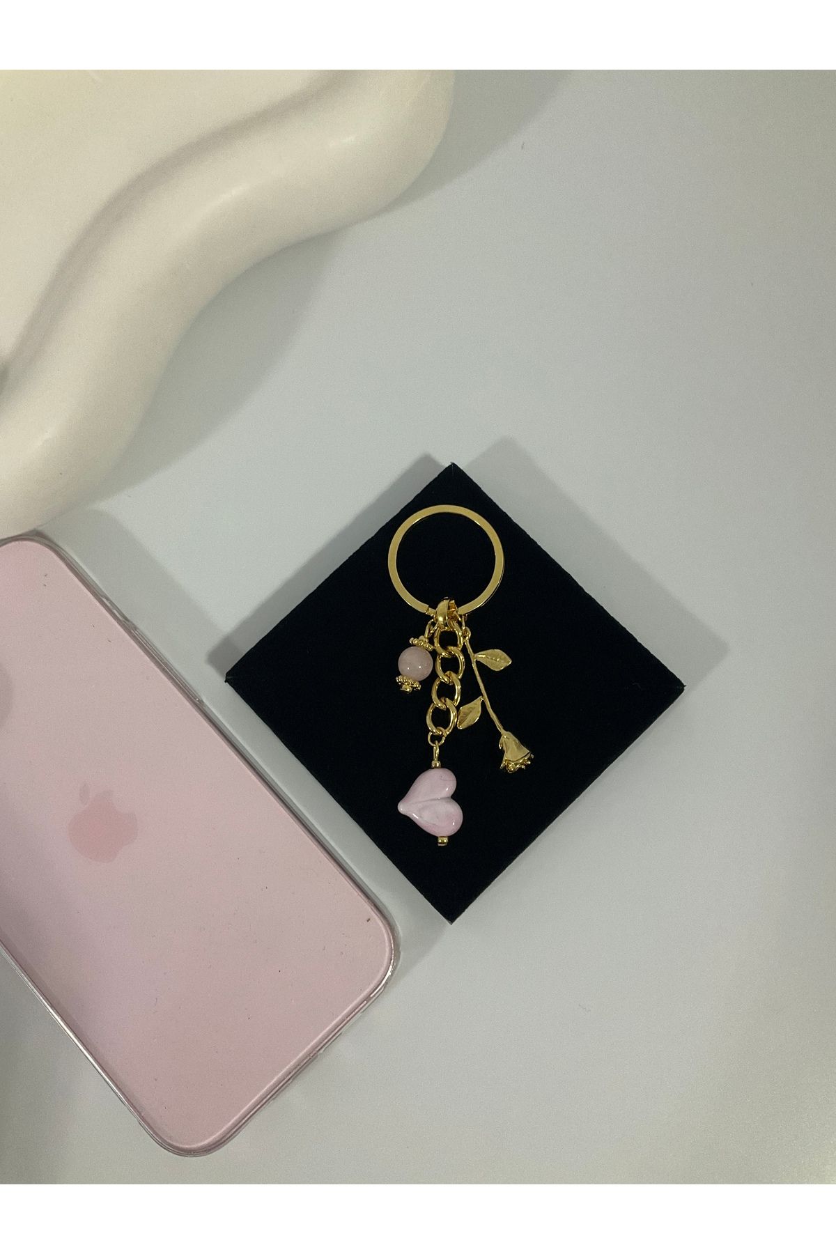 AccSWEN Pembe kuvars murano gold anahtarlık