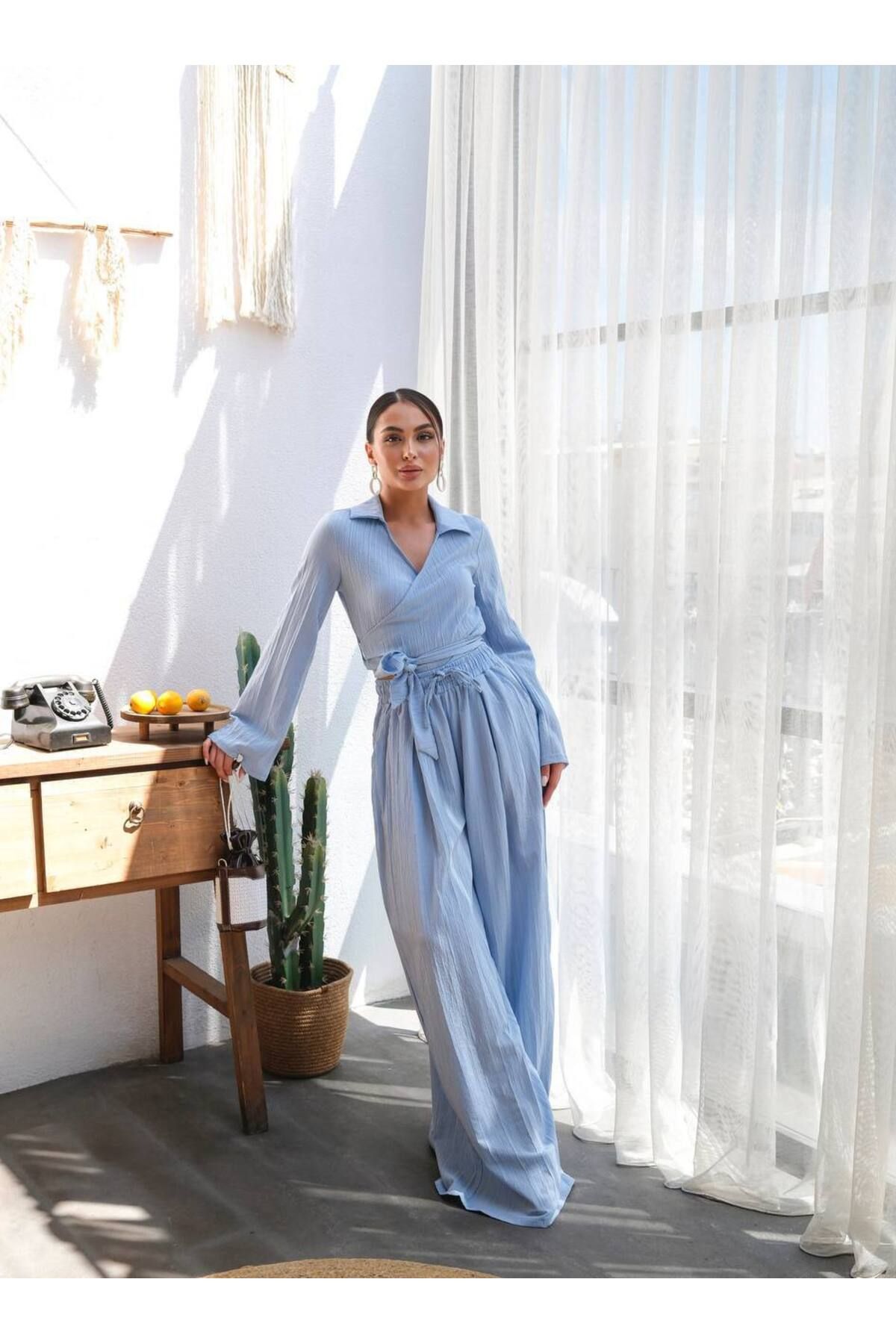 CELITA Kadın Kırinkıl Kumaş Belden Bağlamalı Gömlek Ve Oversize Pantolon Takım