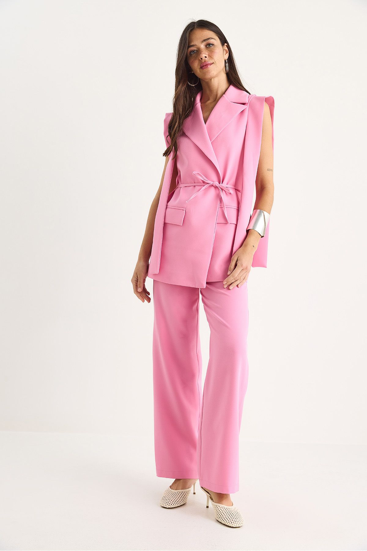 Bianco Lucci-Women's Tie-Up Blazer Vest Palazzo Pants Double Bottom-Top Suit 8005 60283415 3