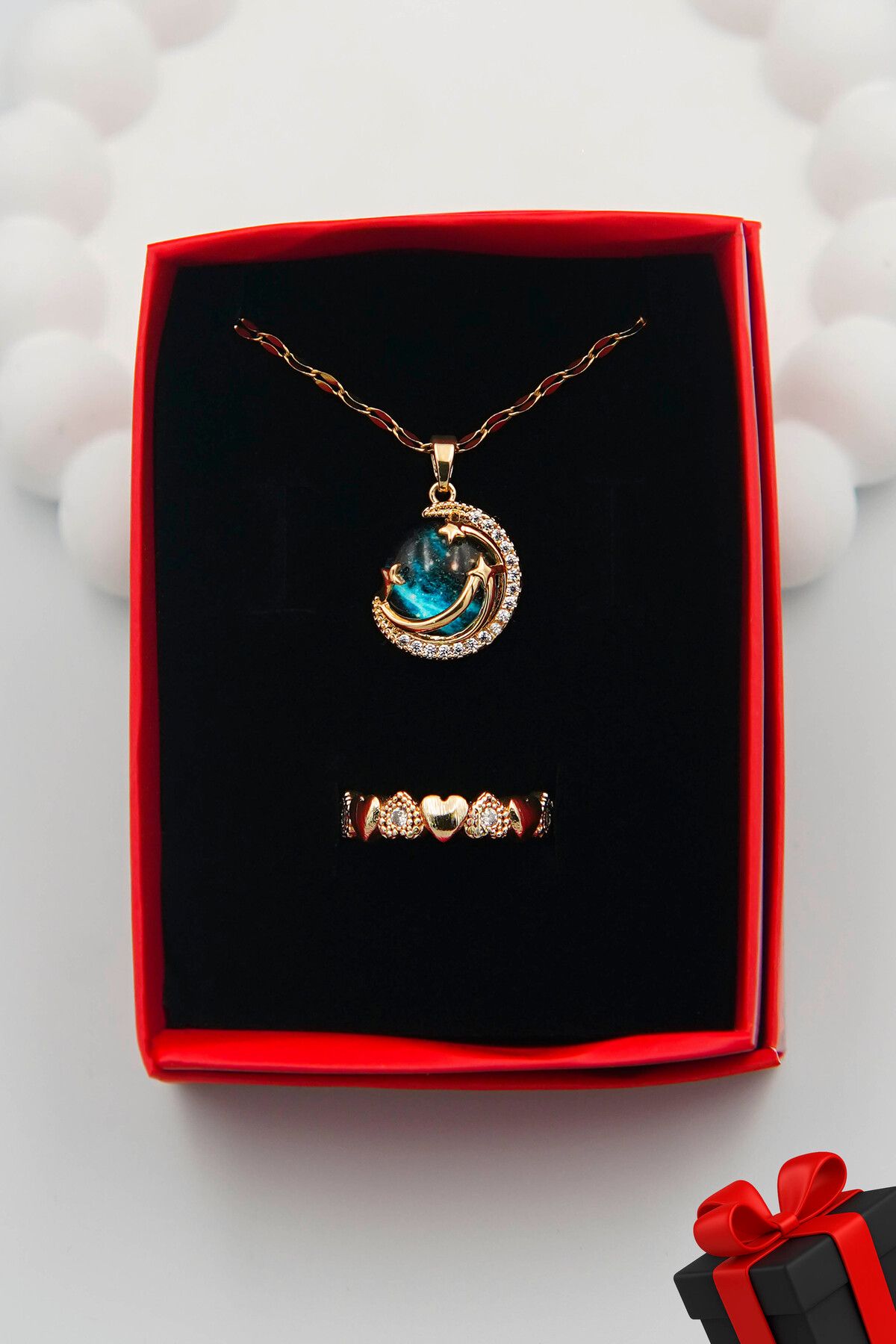 TREND COLLECTİON Kadın Paslanmaz Çelik Gold Zirkon Taşlı Gökyüzü Kolye Ve Kalp Yüzük Set
